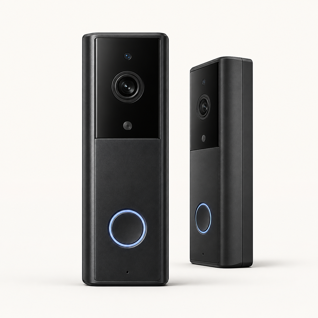 Black smart video doorbell shown from front and side